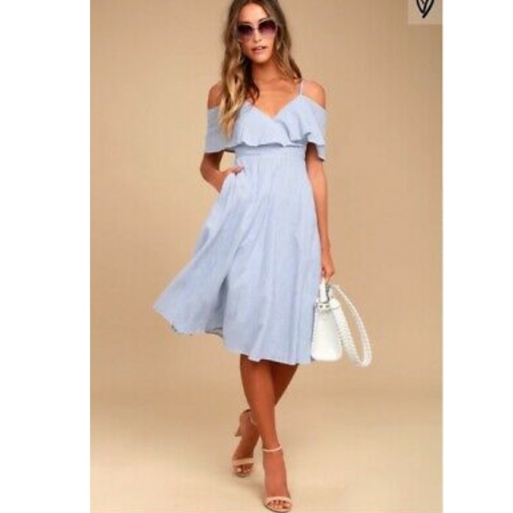 Lulu’s Yacht Rock Blue Off-the-Shoulder Midi Dress